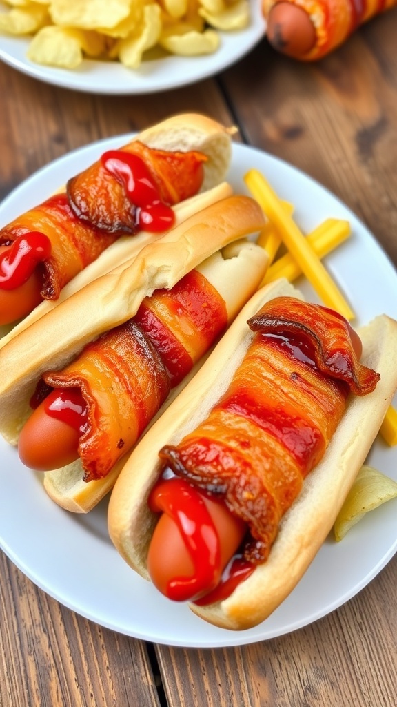 Crispy bacon-wrapped hot dogs in buns with mustard and ketchup on a rustic wooden table.